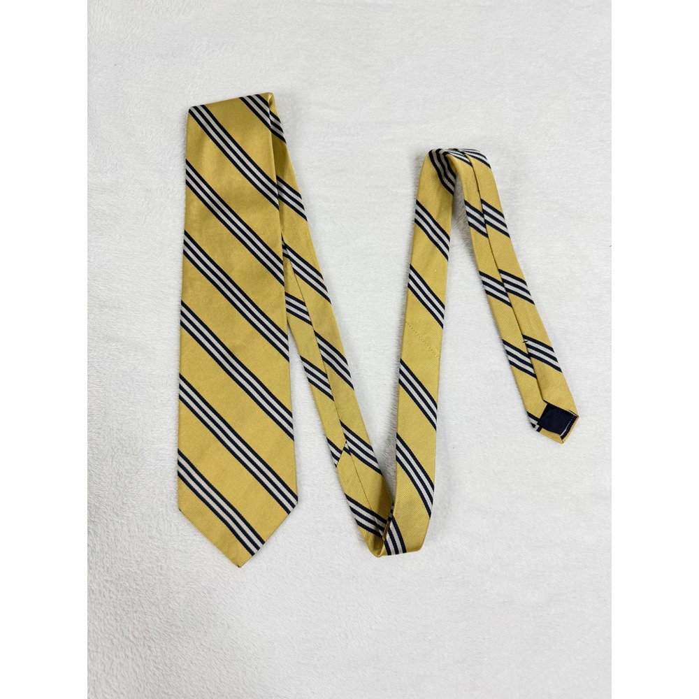 Brooks Brothers Makers Mens Silk Repp Stripe Tie Yellow Navy Blue Made USA read